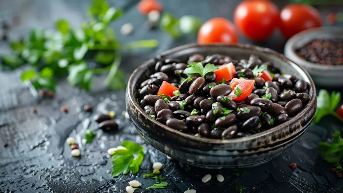 Aliments riches en protéines : où trouver les protéines ? Highquality black beans served with steamed vegetables: rich plantbased protein source.