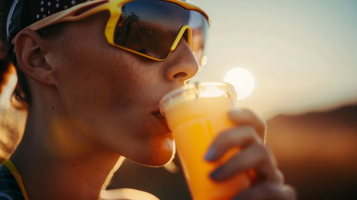 Comment faciliter la prise de nutrition sur un triathlon ? Athlete sipping on a protein shake while taking a break during the triathlon.