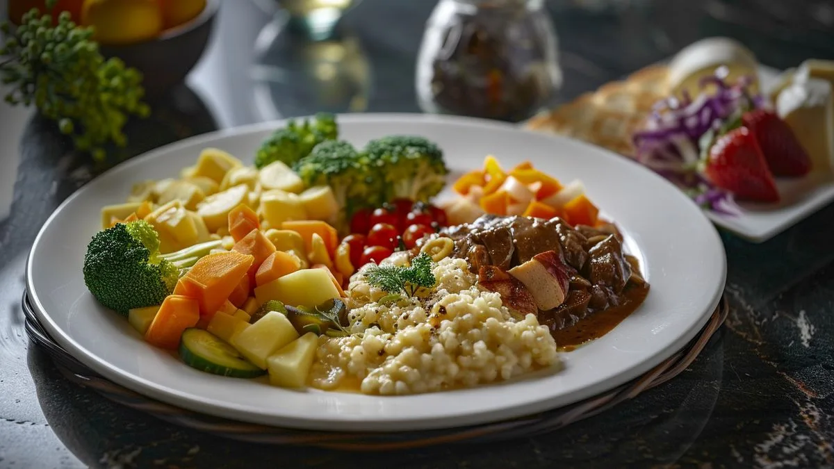 Conseils nutrition pendant l'effort A plate of nutritious meal containing whole grains, vegetables, and fruits.