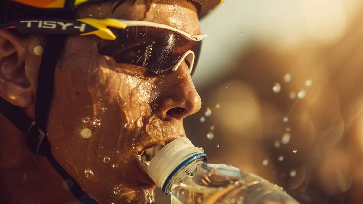 Detailed image of a triathlete drinking from a water bottle during a race