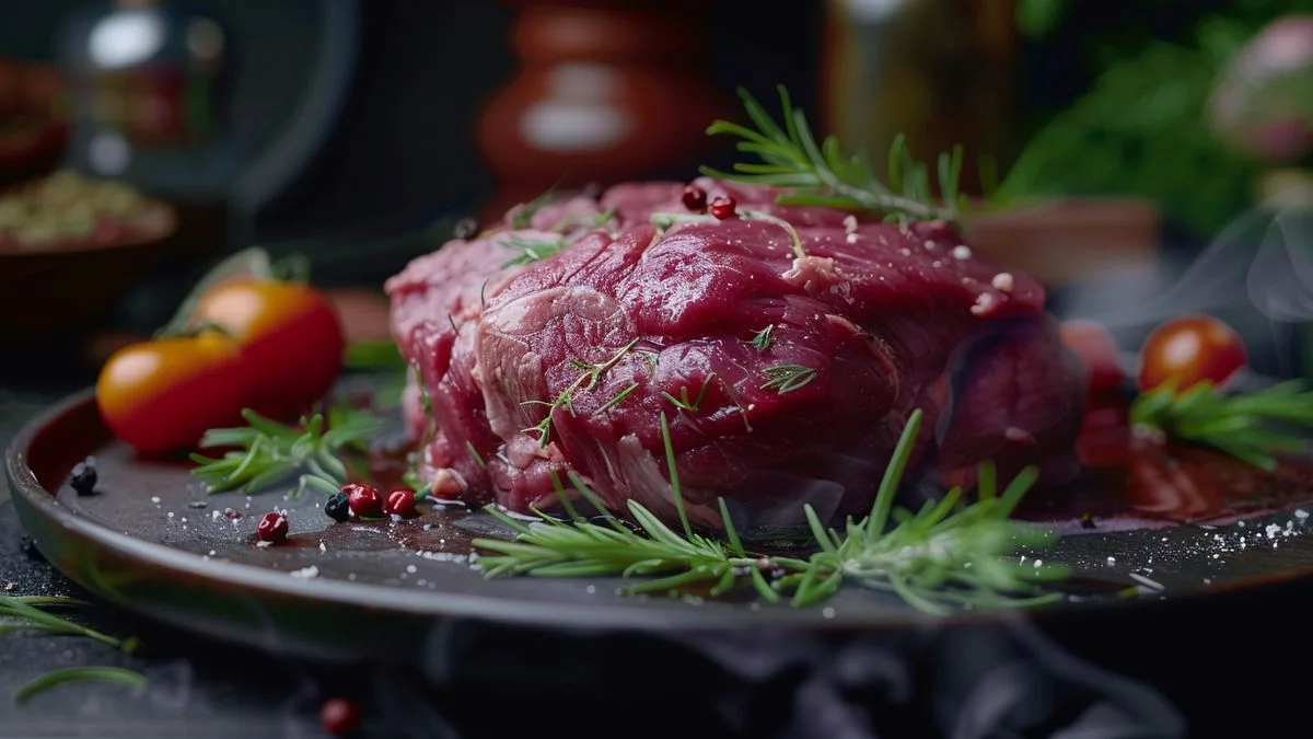 Aliments riches en protéines : où trouver les protéines ? Closeup sur une assiette de viande juteuse et savoureuse