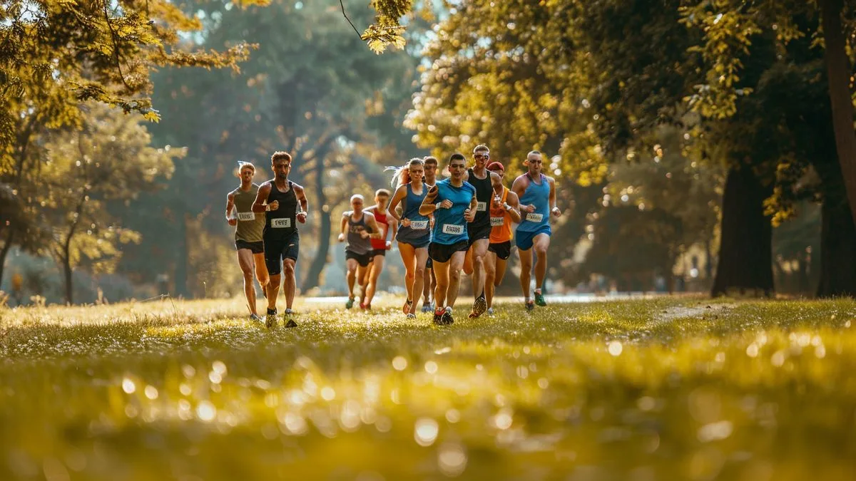 dossier : fitness – quel sport choisir à la rentrée ? Group of runners in vibrant athletic gear determinedly jogging through a picturesque park