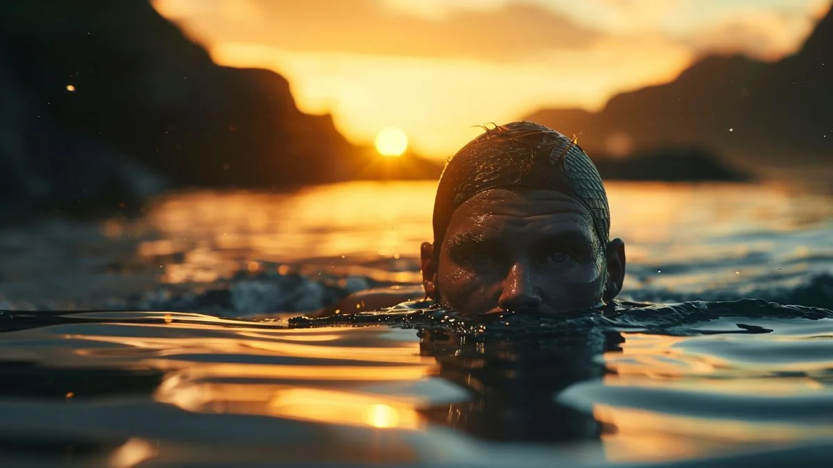 Comment faciliter la prise de nutrition sur un triathlon ? Athlete in a wetsuit swimming in a calm lake at sunrise