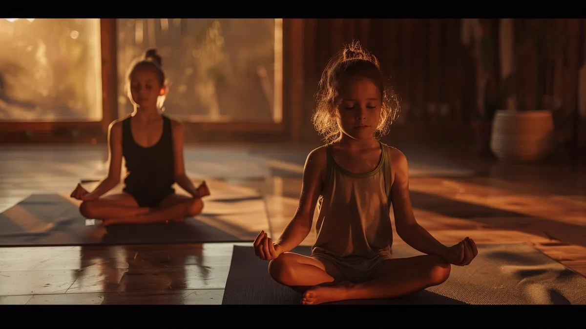 Kids sitting crosslegged, eyes closed and hands on their bellies, practicing deep breathing in a serene yoga studio.
