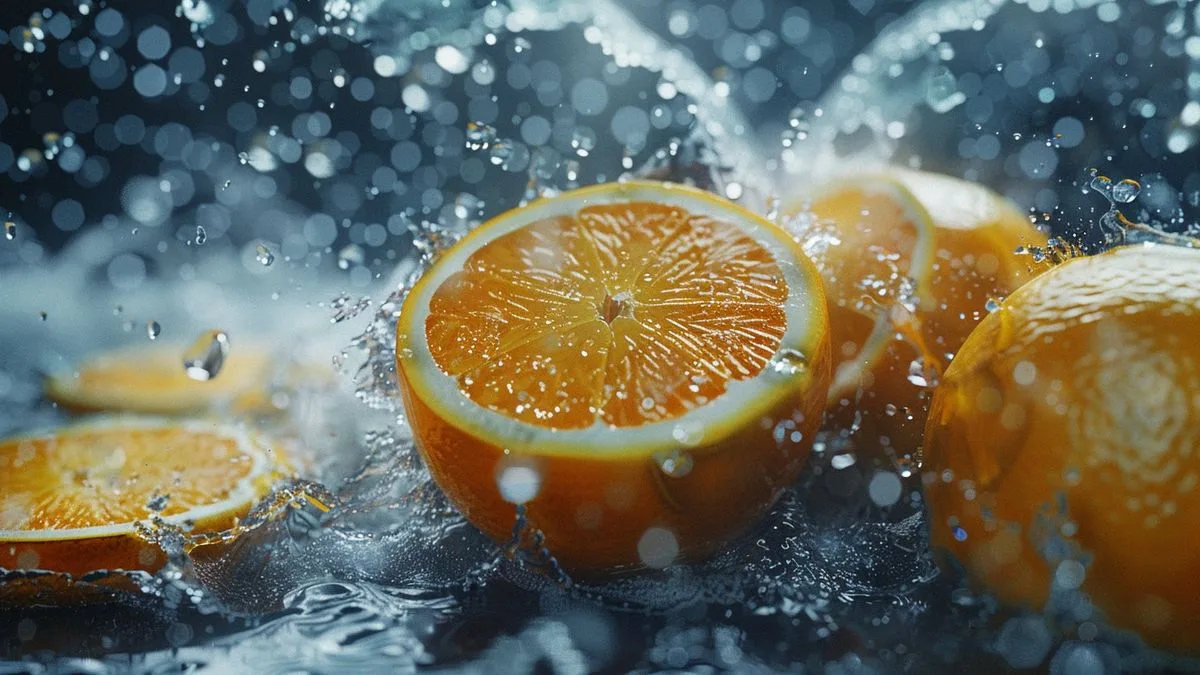 Vibrant citrus fruits with droplets of water, bursting with vitamin C.