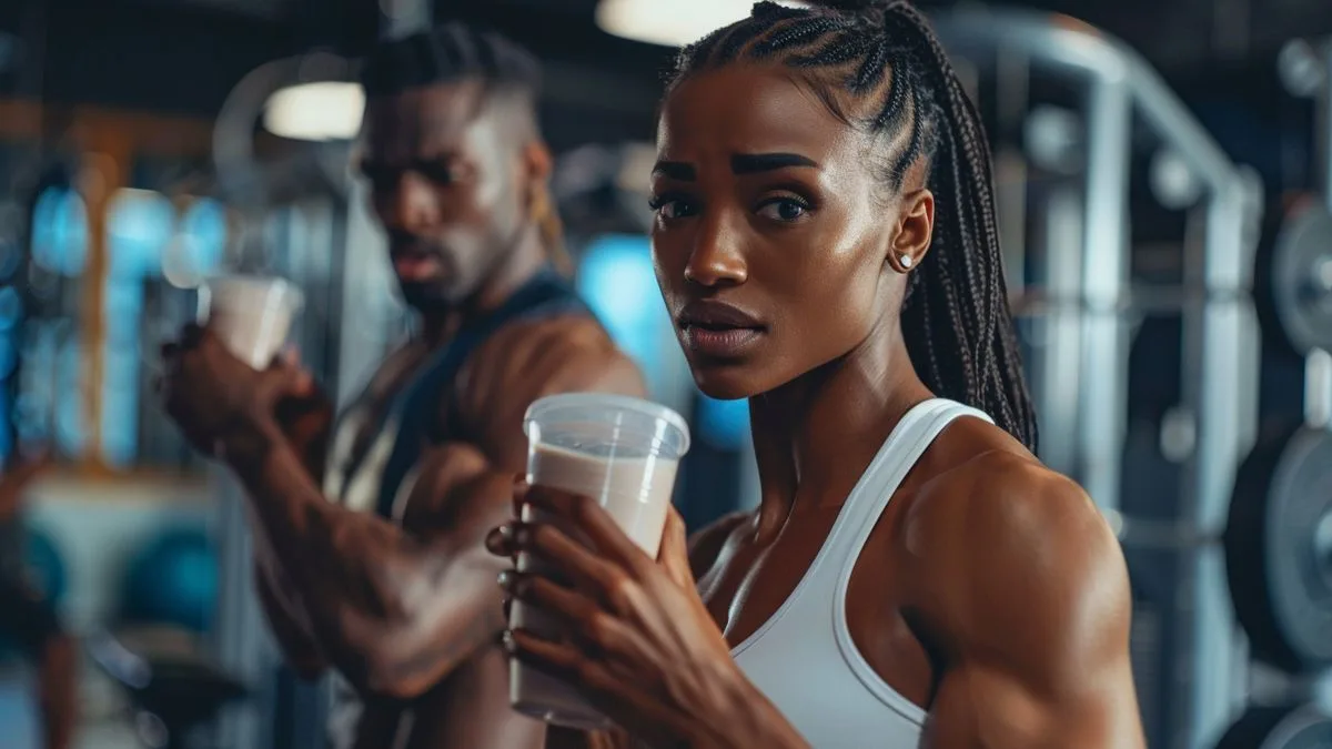 Strong and determined individuals working out with protein shakes in a gym.