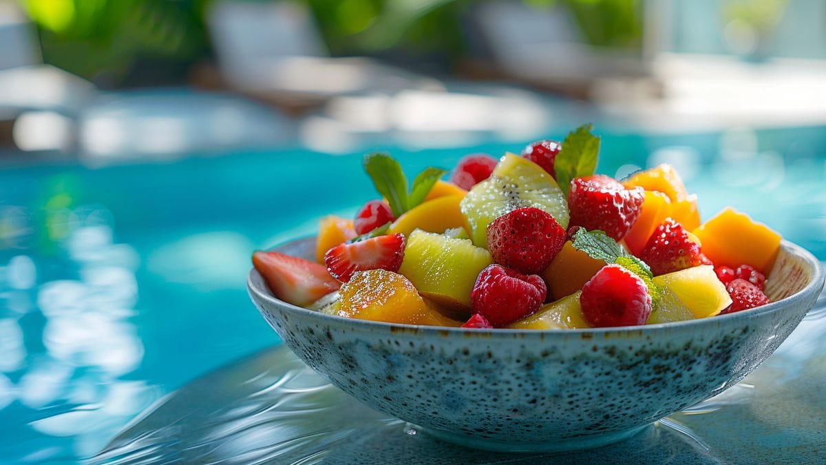 Parole d'expert : 5 conseils nutritionnels en complément de l'aquagym Vibrant fruit salad served by the poolside at an aquagym class.