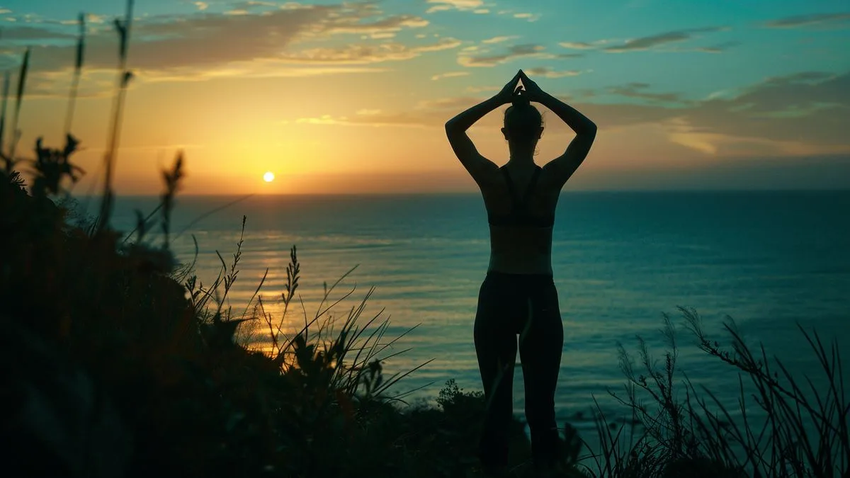 dossier : fitness – quel sport choisir à la rentrée ? Silhouette in the sunset, stretching on a serene beach, enjoying fitness.