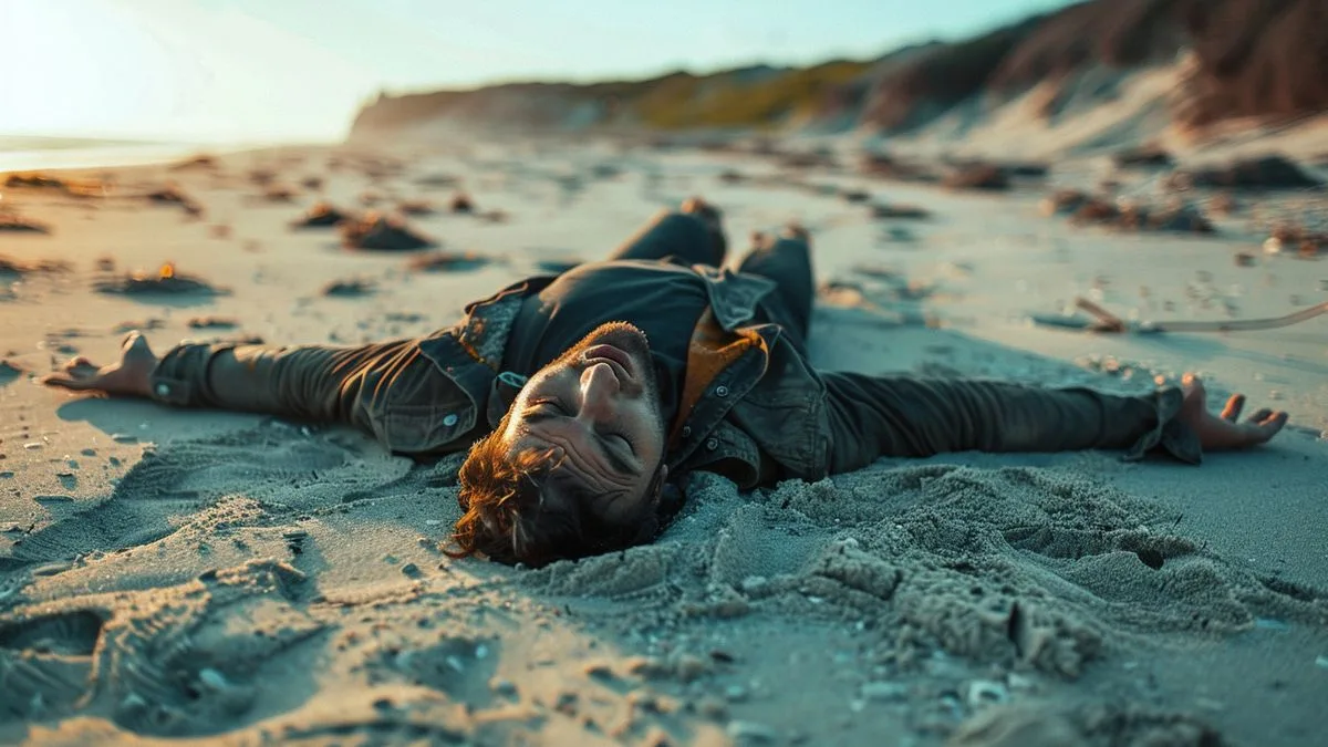 Prone on a sandy beach with stretched arms touching the earth.