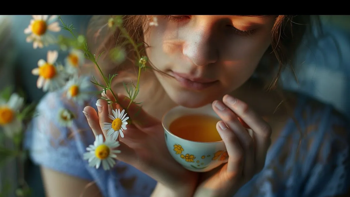 Woman holding a cup of chamomile tea, looking relaxed and content.