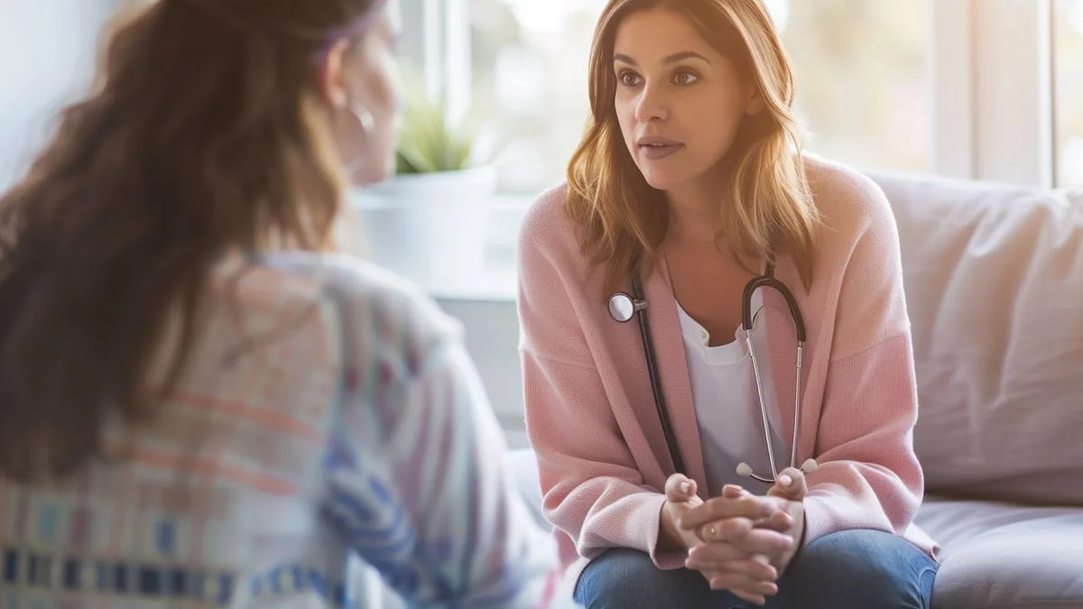 Woman consulting a healthcare professional for advice on managing progesterone levels.