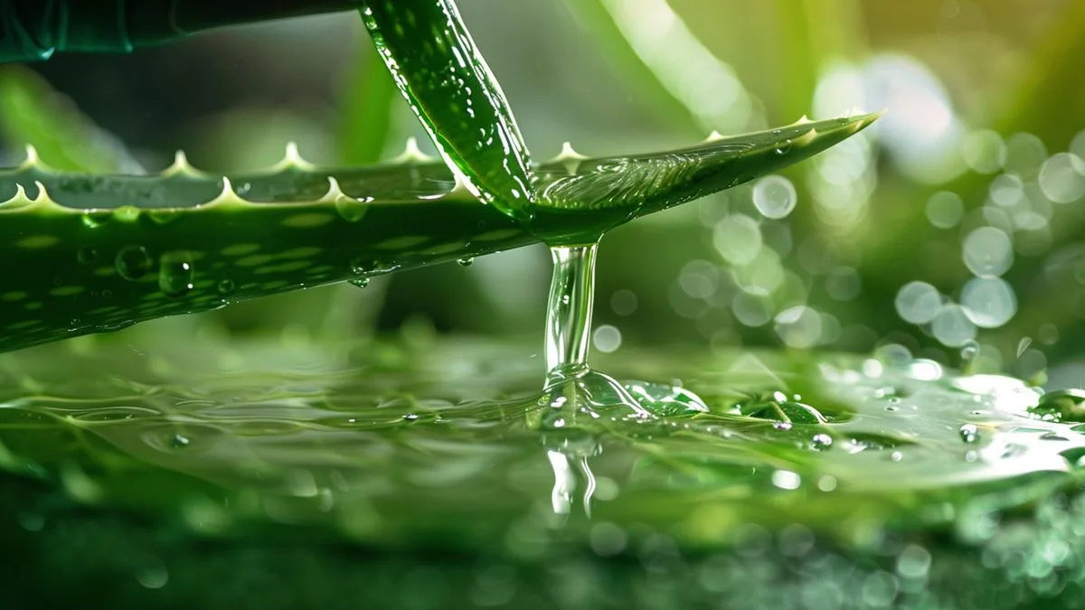 Closeup of aloe vera plant leaf being cut to extract gel.