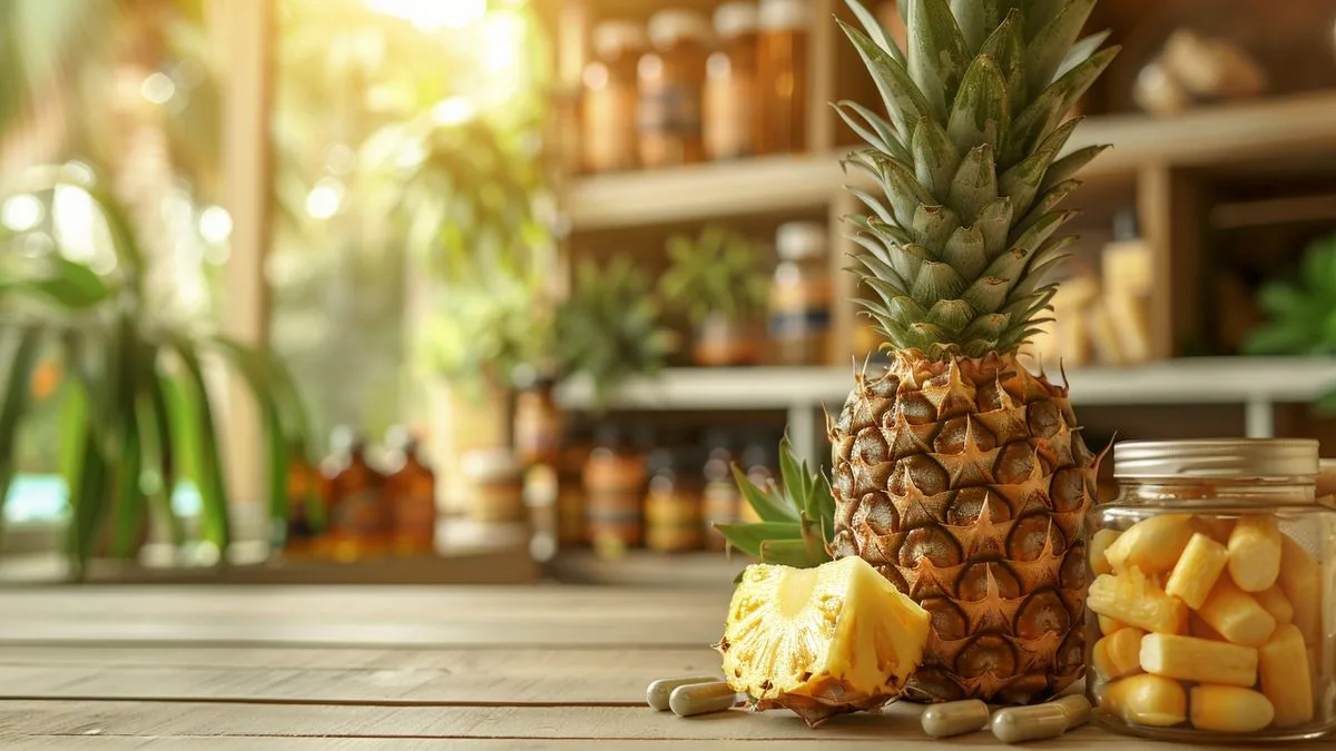 Comment dire adieu aux ballonnements pour de bon ? Découvrez les 9 remèdes simples et naturels qui changent la vie ! Pineapple fruit and enzyme supplements displayed in a natural pharmacy setting.